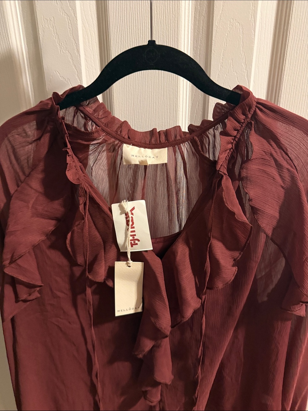 MELLODAY Burgundy Sheer Ruffle Tie-Neck Blouse NWT Size L - Picture 8 of 9